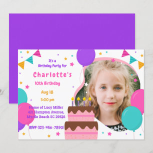Girls Photo Cute Pink Purple Birthday Party   Invitation