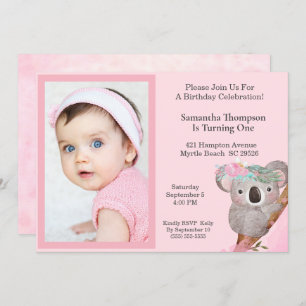 Girls Photo One Year Birthday Koala Bear Invitation