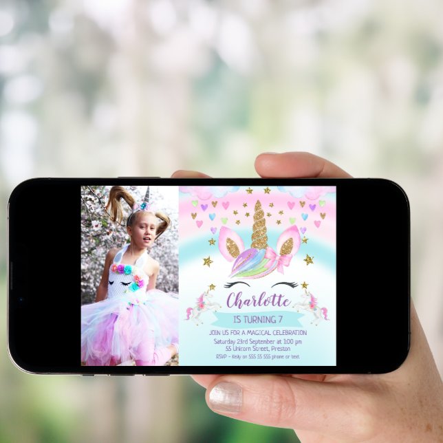 Girls Photo Pink Bow Unicorn Birthday Invitation (Front Digital)