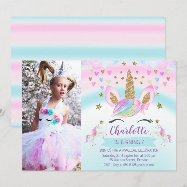 Girls Photo Pink Bow Unicorn Birthday Invitation Zazzle