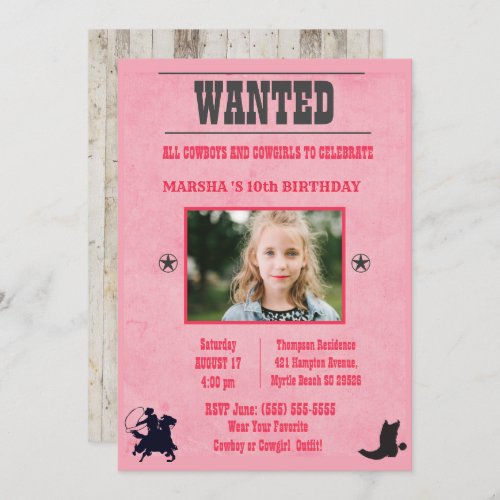 Girls Photo Pink Wanted Birthday Invitation