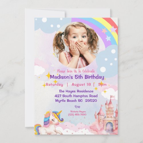 Girls Photo Rainbow Glitter 5th Birthday Party   Invitation