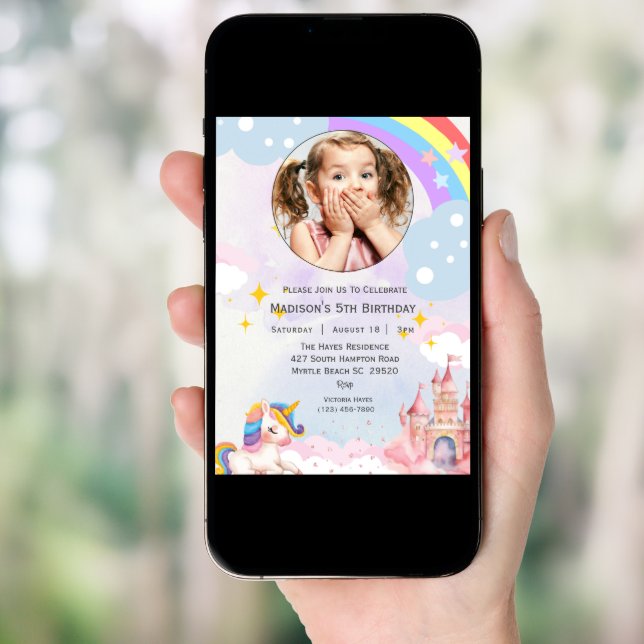 Girls Photo Rainbow Glitter 5th Birthday Party   Invitation (Front Digital)