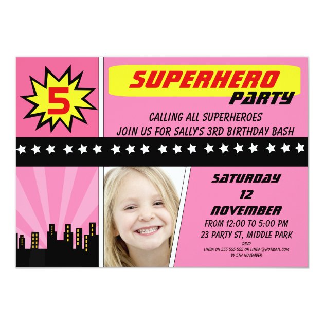 Girls Photo Superhero Birthday Invitation