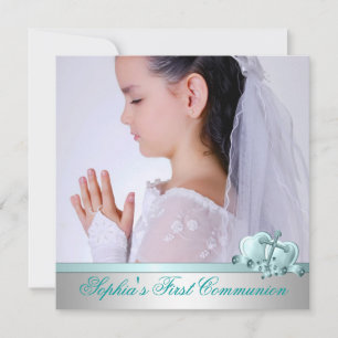 Girls Photo Teal Blue First Communion Invitation