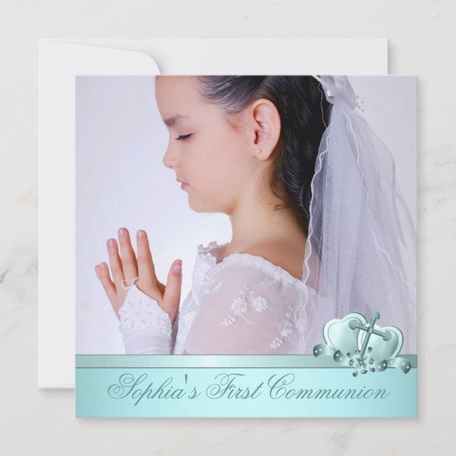 Girls Photo Teal Blue First Communion Invitations (Front)