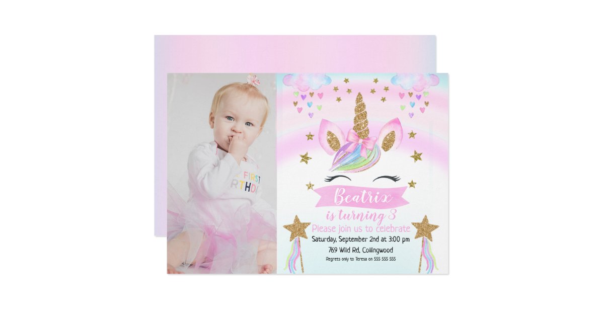 Girls Photo Unicorn Birthday Invitation Zazzle Com