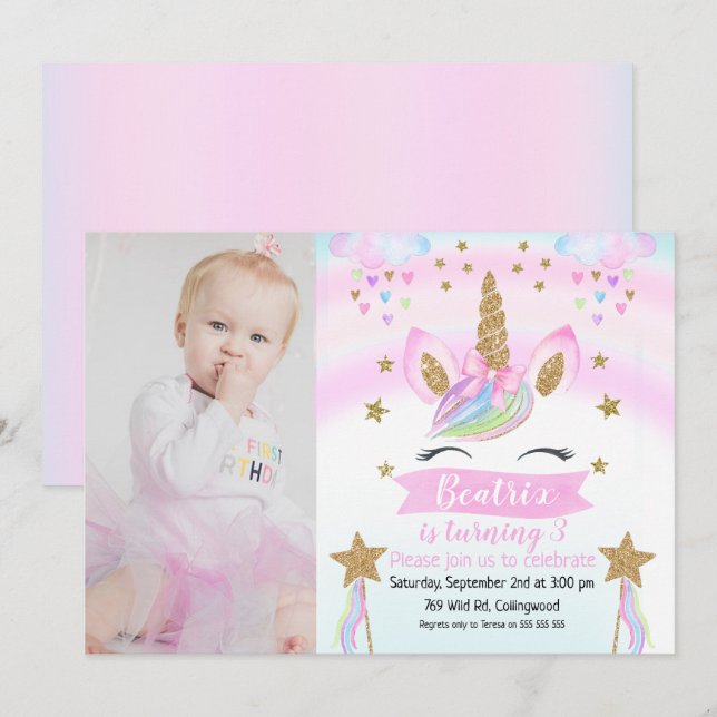 Girls Photo Unicorn Birthday Invitation (Front/Back)