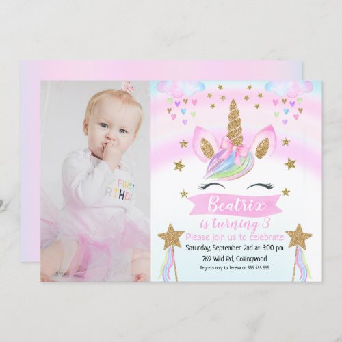 Girls Photo Unicorn Birthday Invitation