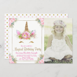 Girls Photo Unicorn Birthday Party Invitations