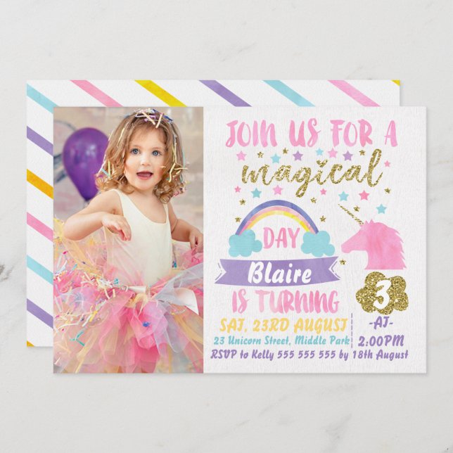 Girls Photo Watercolor Unicorn Birthday Invitation (Front/Back)
