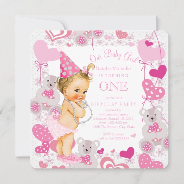 Girls Pink 1st Birthday Party Invitation (Front)