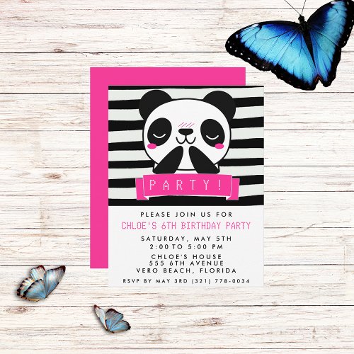 Girls Pink and Black Cute Panda Birthday Party Invitation