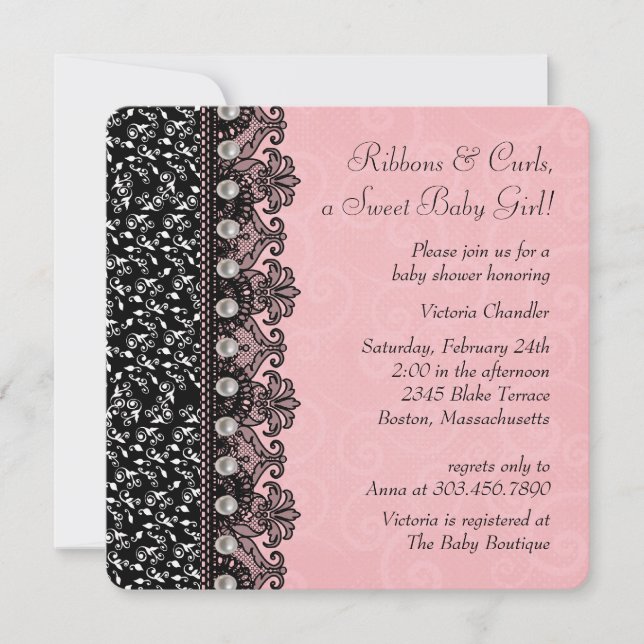 Girls Pink and Black Lace Baby Shower Invitation (Front)