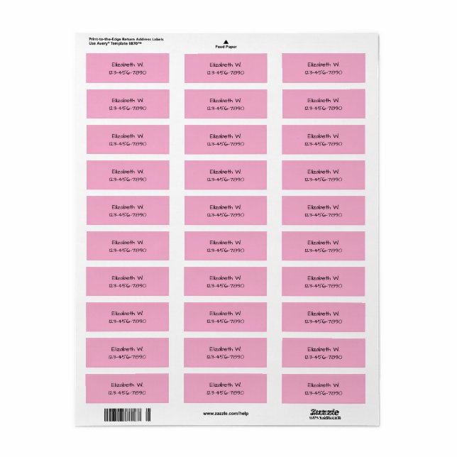 Girl's Pink and Black Name and Phone Number Label (Full Sheet)