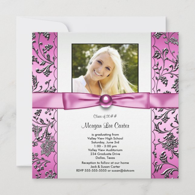 Girls Pink and Black Photo Graduation Invitation (Front)