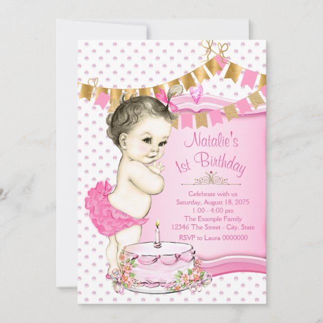 Girls Pink and Gold 1st Birthday Invitation (Front)