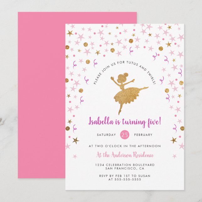 Girl's Pink and Gold Ballerina Pirouette Birthday Invitation (Front/Back)