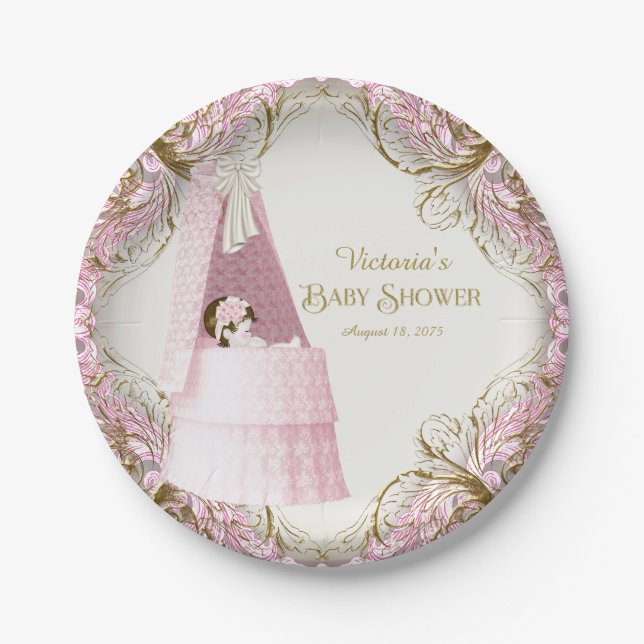 Girls Pink and Gold Bassinet Baby Shower Paper Plates (Front)
