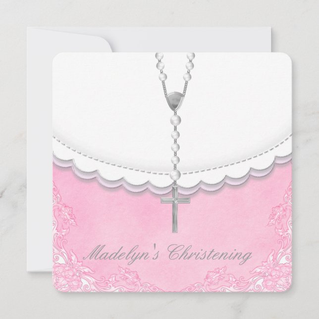 Girls Pink and Gray Christening Invitation (Front)