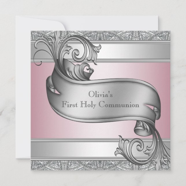 Girls Pink and Gray First Communion Invitation (Front)