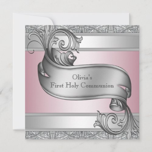 Girls Pink and Gray First Communion Custom Invites