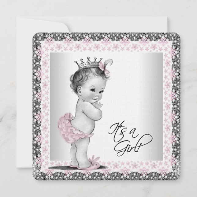 Girls Pink and Gray Linen Baby Shower Invitation (Front)