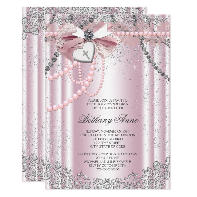 Girls Pink And Gray Pearl First Communion Invitation