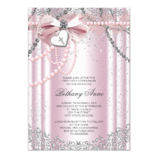 Girls Pink and Gray Pearl First Communion Card