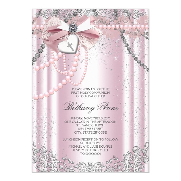 Girls Pink And Gray Pearl First Communion Invitation