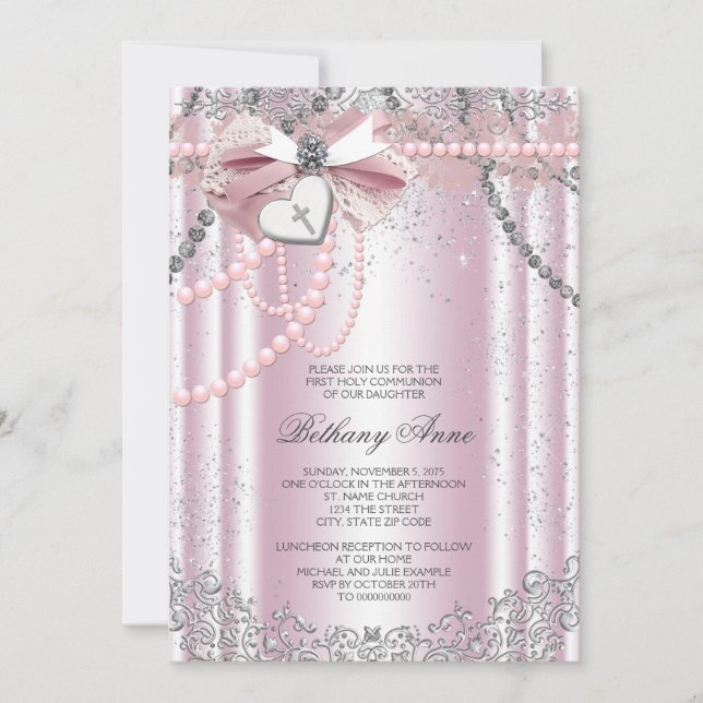 Girls Pink and Gray Pearl First Communion Invitation (Front)