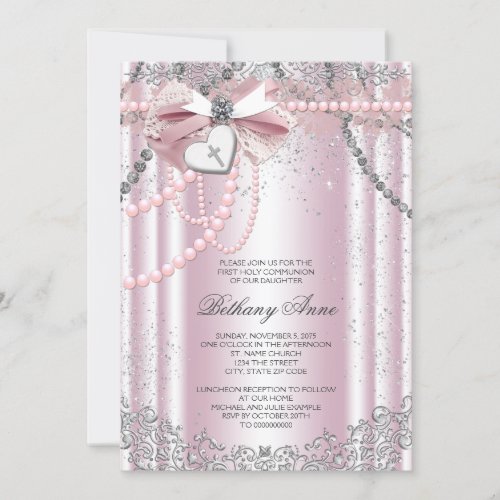 Girls Pink and Gray Pearl First Communion Invitation