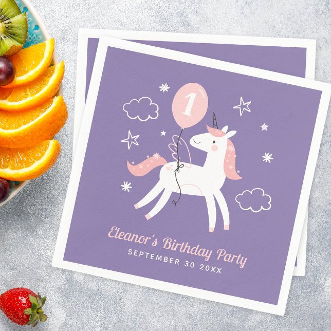 Girls Pink and Purple Unicorn Birthday  Napkins (Creator Uploaded)