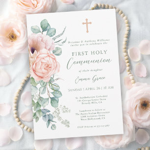 Girl's Pink and Sage Green Floral First Communion Invitation