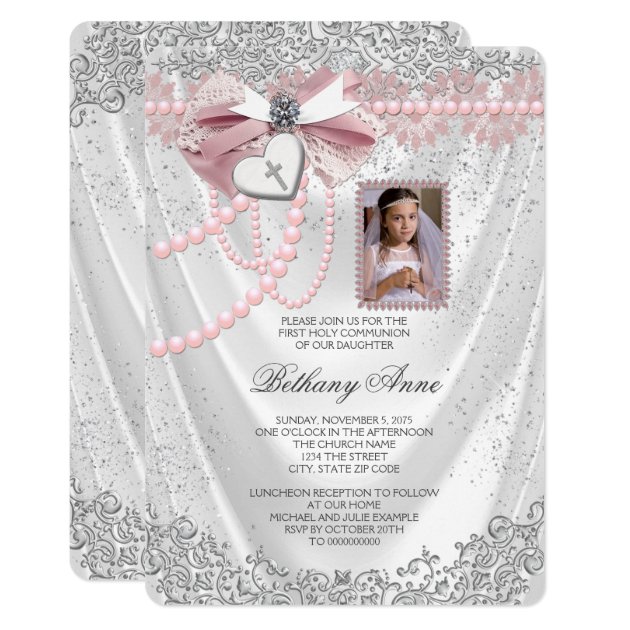 Girls Pink And White Satin Photo First Communion Card