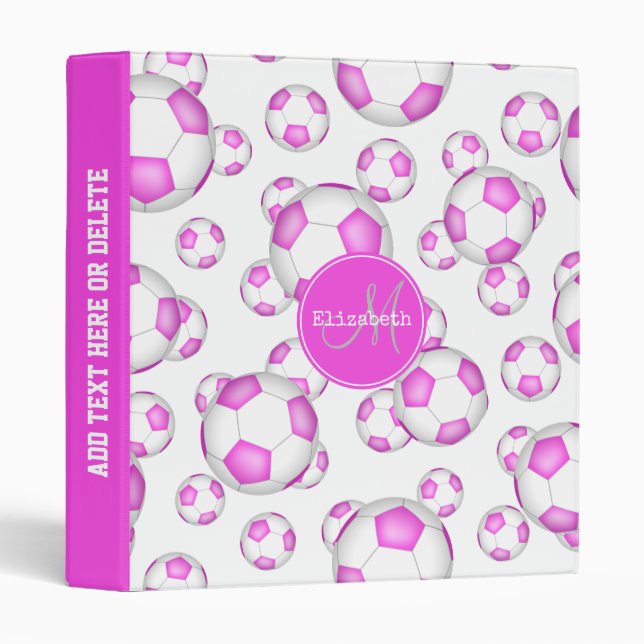girl's pink and white soccer balls pattern 3 ring binder (Front/Spine)