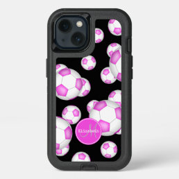 girl&#39;s pink and white soccer balls pattern iPhone 13 case