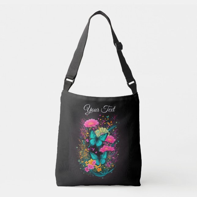 girls pink and yellow flowers turquoise butterfly crossbody bag (Front)