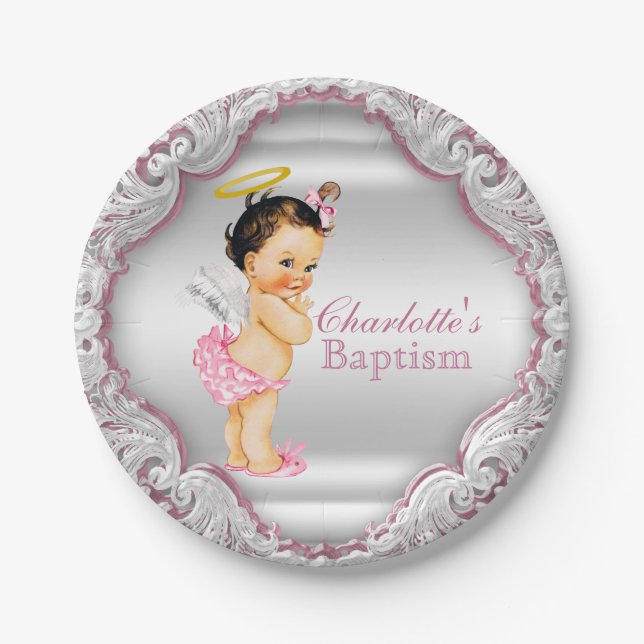 Girls Pink Angel Baptism Paper Plates (Front)