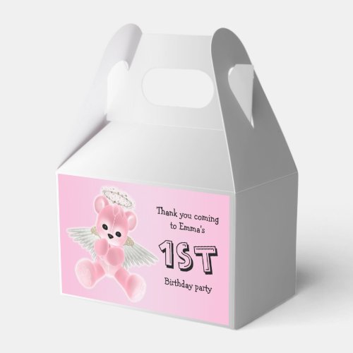 Girls Pink Angel Teddy Bear 1st Birthday Party Favor Boxes