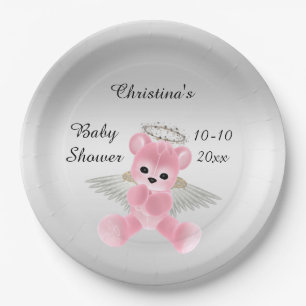 Girl's Pink Angel Teddy Bear Baby Shower Paper Plates