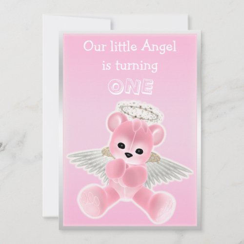 Girls Pink Angel Teddy Bear First Birthday Party Invitation