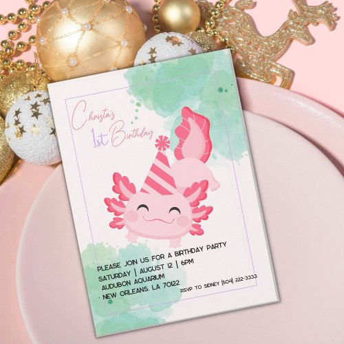 Girls Pink Axolotl 1st Birthday Party Invitation