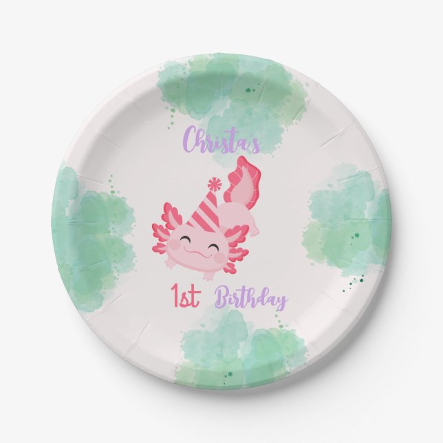 Girls Pink Axolotl 1st Birthday Party Invitation Paper Plates (Front)