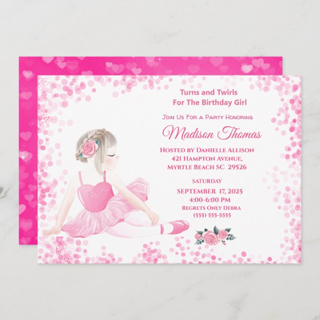 Girls Pink Ballerina Sparkle Hearts Birthday Party Invitation (Front/Back)