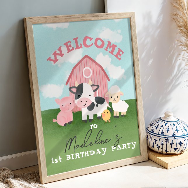 Girls Pink Barnyard Animal 1st Birthday Welcome  Poster (Creator Uploaded)