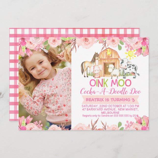 Girls Pink Barnyard Photo birthday invitation (Front/Back)