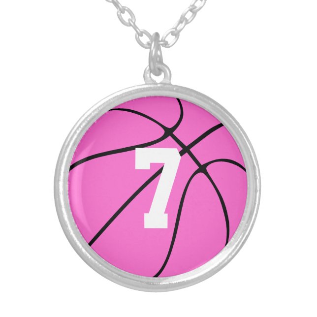 Girls Pink Basketball Player Jersey Number/Initial Silver Plated Necklace (Front)