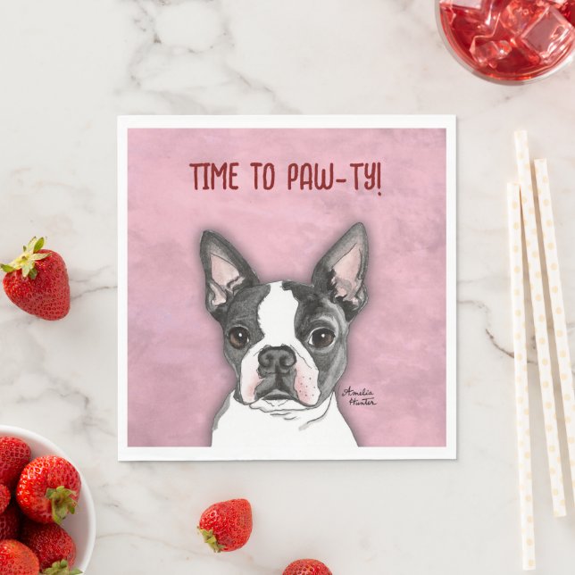 Girls Pink Birthday Party Napkins Boston Terrier (Insitu)