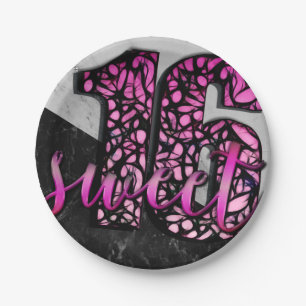 Girls Pink Black Marble Sweet 16 Birthday Party Paper Plates